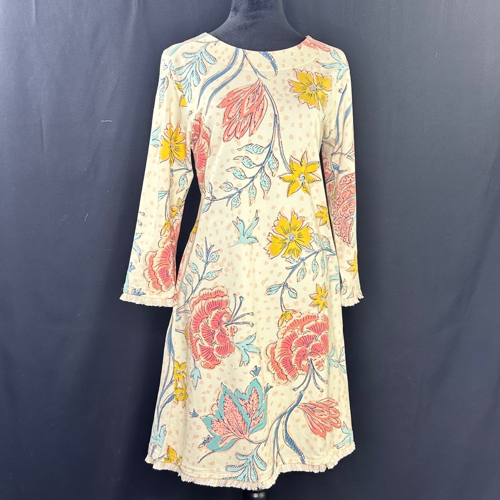 Spartina 449 M Shift Dress Cream Floral Boho Floral Fringe Trim Long Sleeved